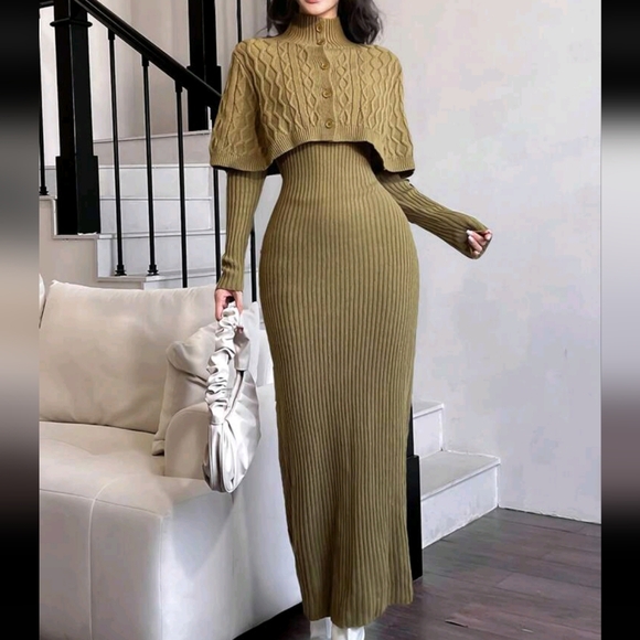 2pcs/Set Women Plain Front Button Simple Top And Long Casual Dress - Picture 3 of 4